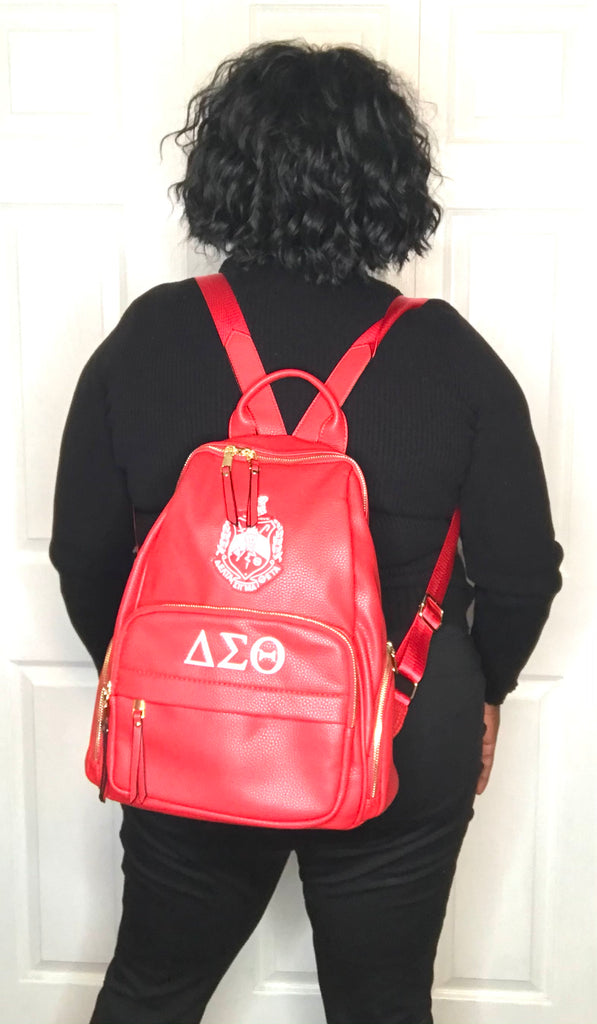destin faux leather backpack Delta Sigma Theta DST Crested Vegan Leather Backpack – Washington Designs