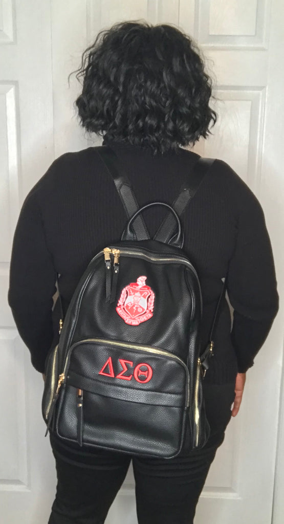 destin faux leather backpack Delta Sigma Theta DST Crested Vegan Leather Backpack – Washington Designs